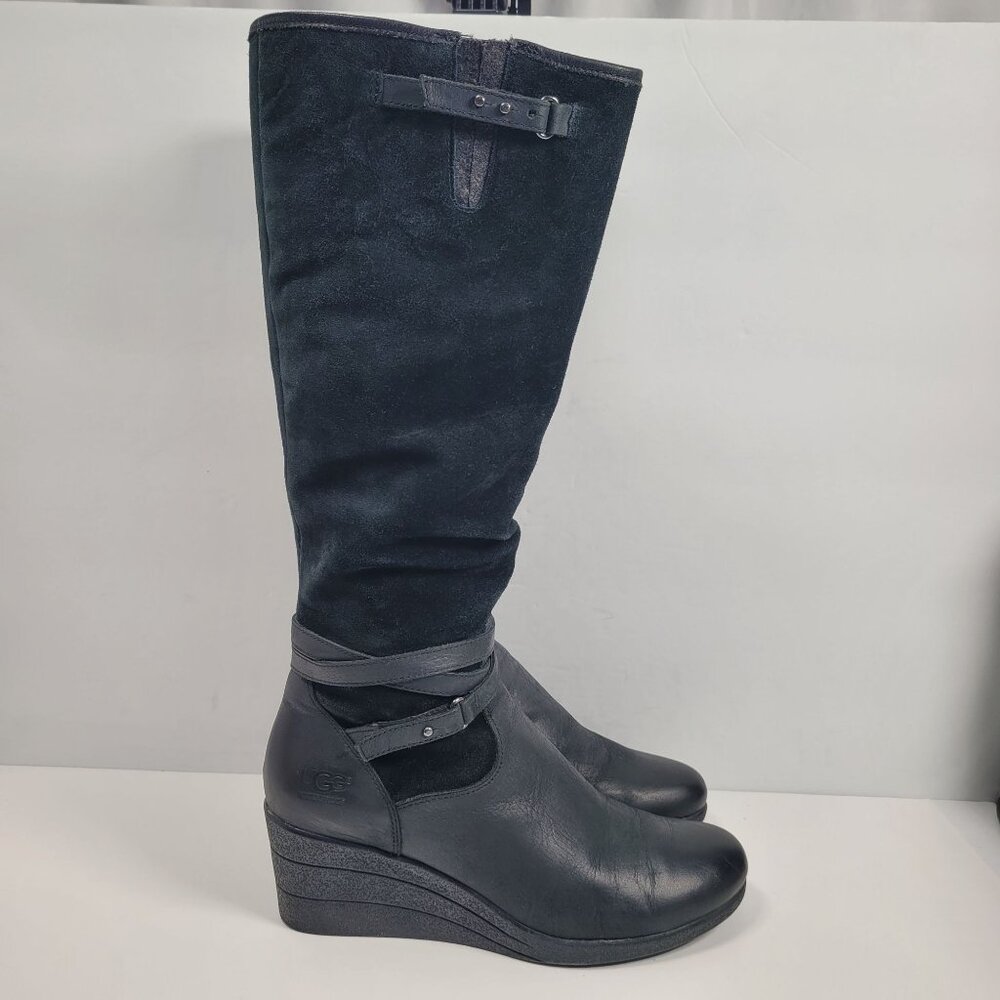 UGG Women's Black Leather & Suede Wedge Knee-High Boots S/N 1005266 US Size 9